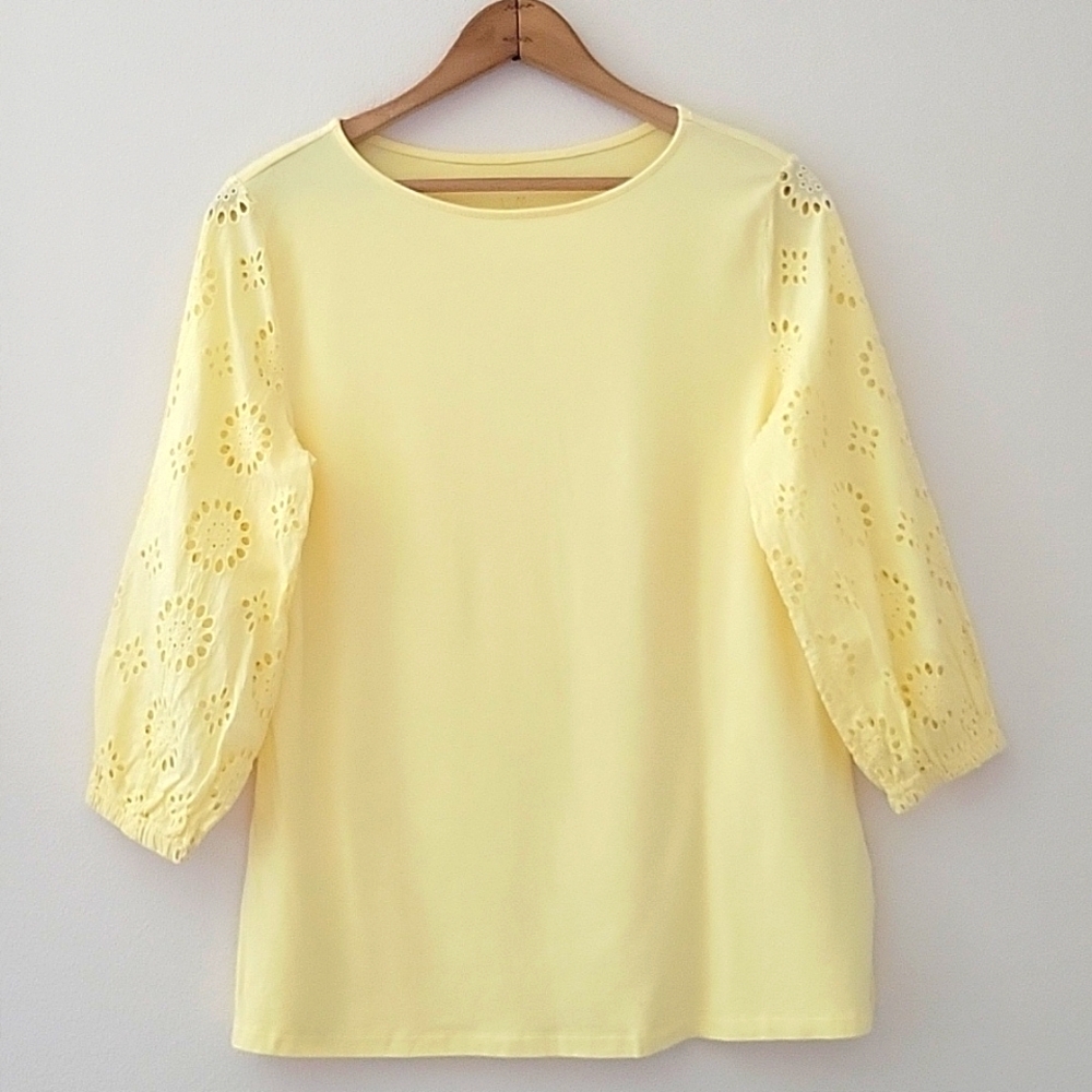 Belle By Kim Gravel Yellow TripleLuxe Knit Eyelet 3/4 Sleeve Top Size Small
